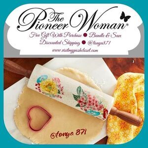 🦋 2023 🦋 New Pioneer Woman Fancy Flourish Ceramic Rolling Pin with Acacia Wood